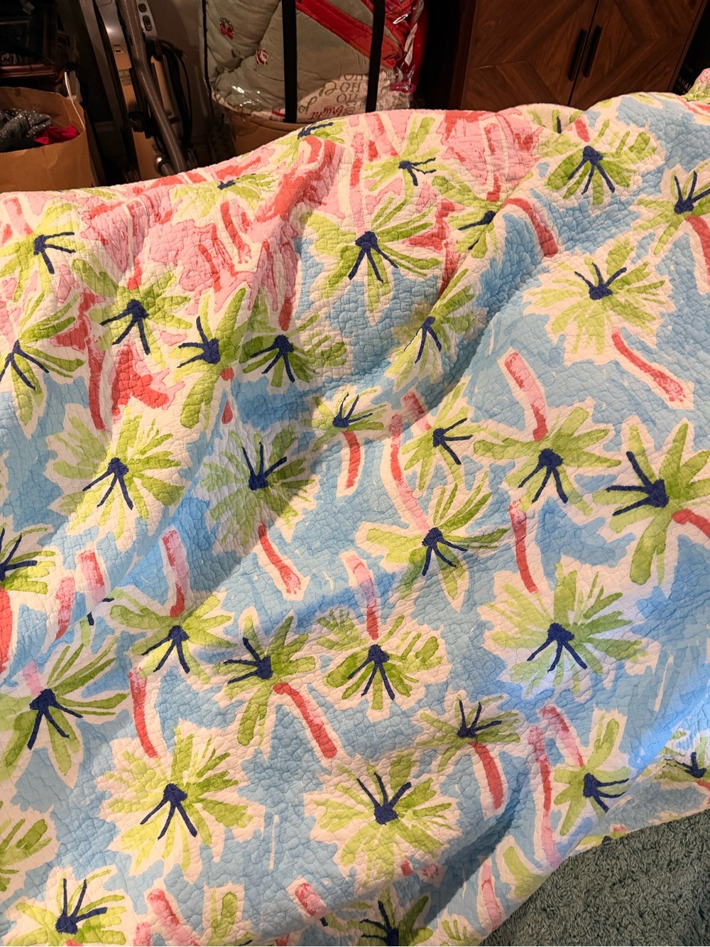 Reversible Floral & Stripe Quilt - Light Blue, Green, Pink - Picture 2 of 4